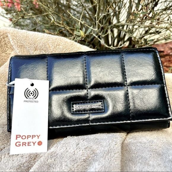 POPPY GREY FAUX LEATHER LARGE BIFOLD WALLET W/RFID-FREMONT/JET BLACK NWT - Picture 1 of 13
